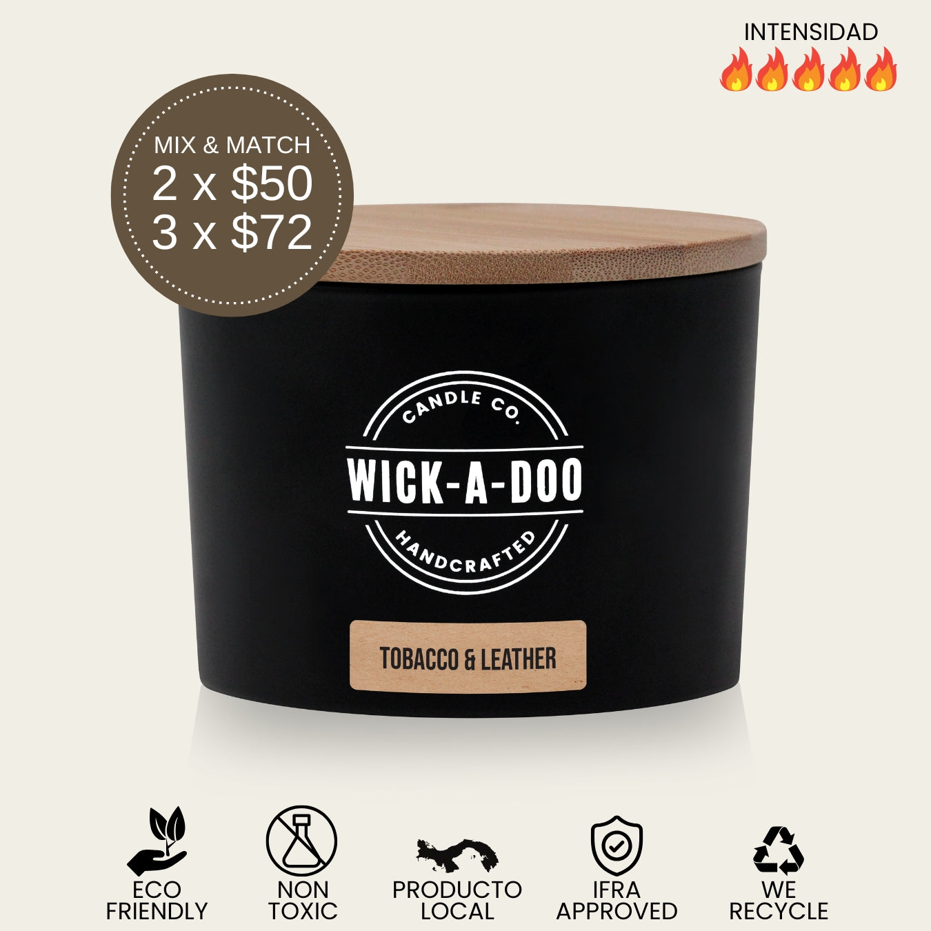 Tobacco & Leather Wickadoo Candle Co. Panamá Aceptamos Yappy y tarjetas delivery en 24 horas